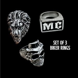 Set of‎ 3 316L Stainless Steel Roaring Lion, Skull & MG Mens Ring size 8.5